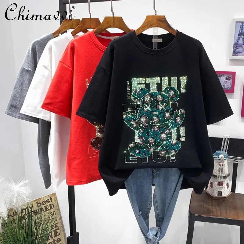 

New Ladies Cartoon Rhinestone Thickened Pullover T-shirt 2023 Spring Women's European Short Sleeve Loose-Fitting Oversized Tops