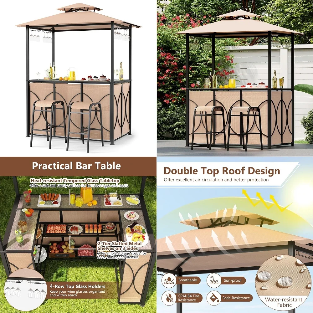 

VILLA Outdoor Patio Bar Set of 6, Patio Bar Table and Chair Set with Textilene Outdoor Swivel Bar Stools and Wood Like Bar Tabl