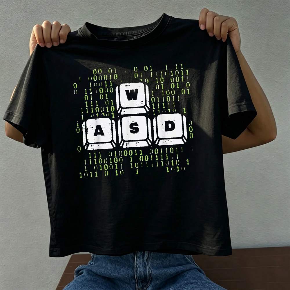 Gamer WASD Keyboard Graphic T Shirt Men Binary Code Gaming Keys Print Vintage Men Short Sleeve Cotton Casual Tee