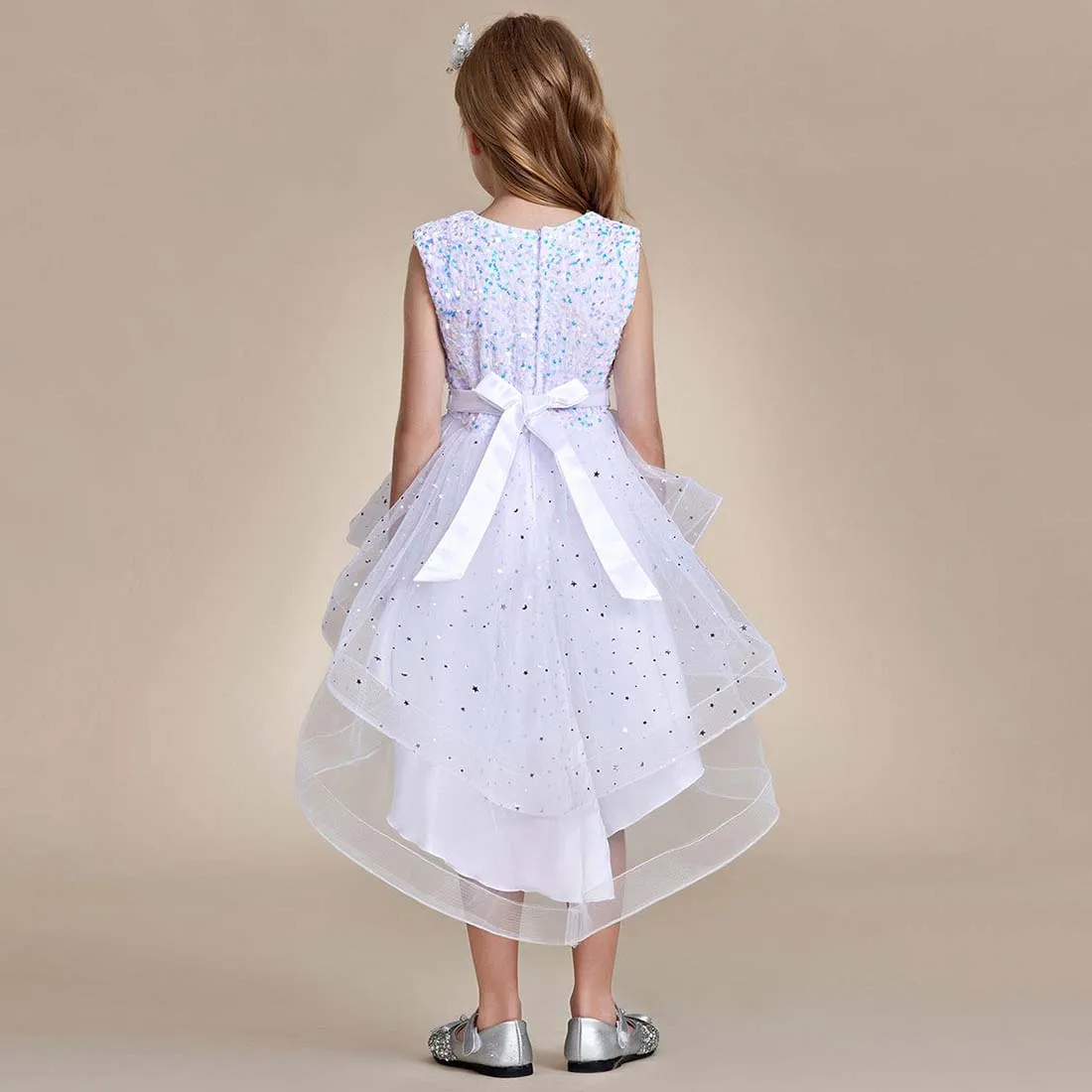 YZYManual-Vestido Sparkling Flower Girl, Vestido Alto e Baixo, Linha A, Sem Mangas, Multi-Layered, 2-15T