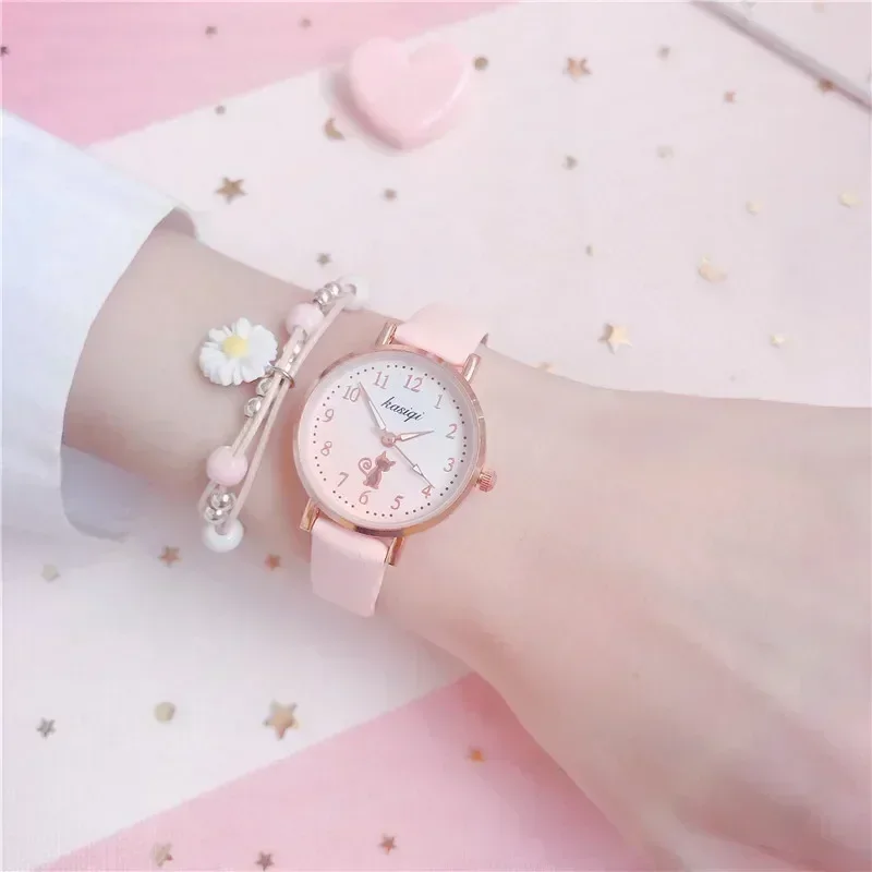 2024 Children's Set Watch Student Fashion Leather Strap Watch Cute Cat Dial Girl Watch Kids Cartoon Children QuartzWatch Gift