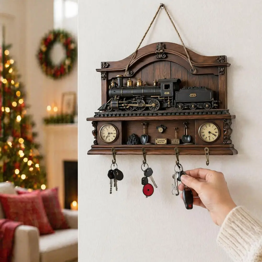 Wooden Key Hook Organizer for Wall Rustic Wooden Key Holder Wall Mounted 2d Cottage Train Shape Storage Rack for Home for Home