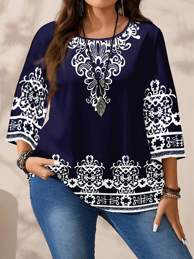 

Plus Size Women's Boho Floral Print T Shirt Navy Blue 3/4 Sleeve Casual Comfy Summer Top