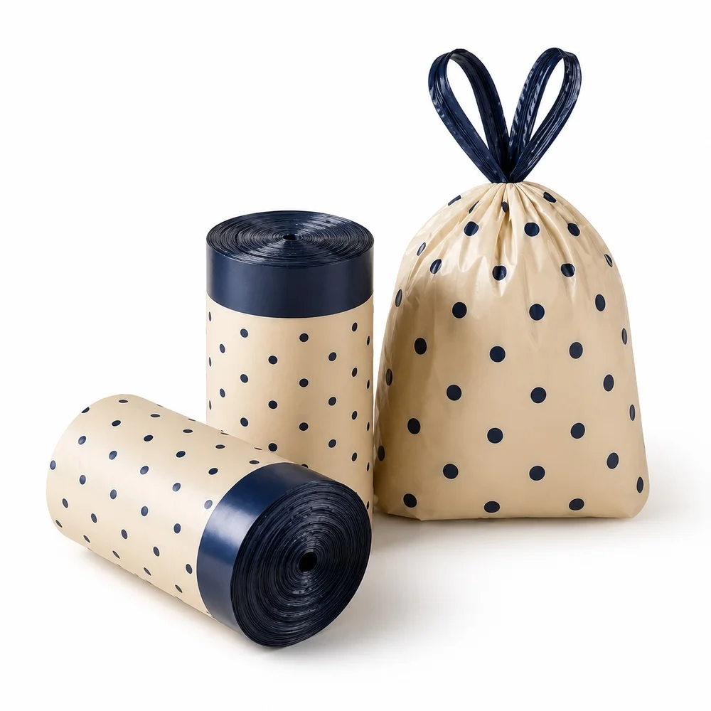 Trash Bags Beige Printed Drawstring 2 Rolls 100 Bags for Home Kitchen Bathroom Waste Baskets Bin Liners and Everyday Cleaning