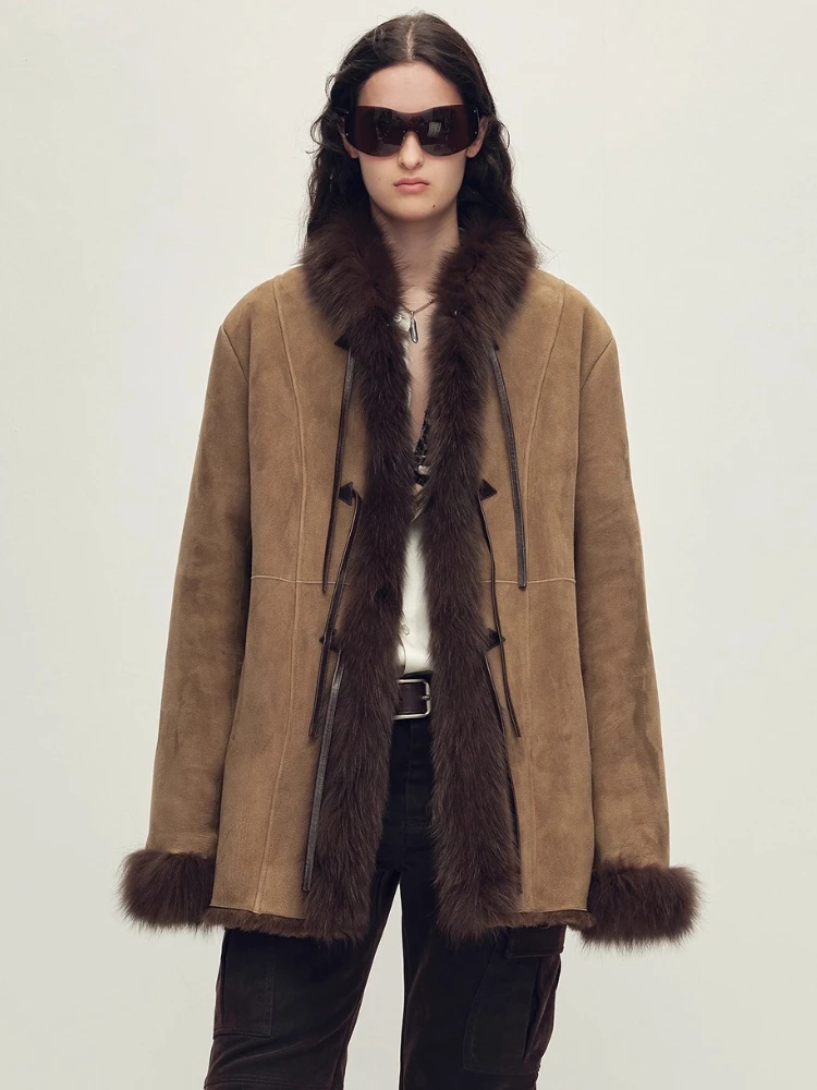 

Luxury Natural Fox Fur Collar Merino Sheep Fur Jackets for Women High-end Simple Vintage Winter Genuine Leather Real Fur Coat