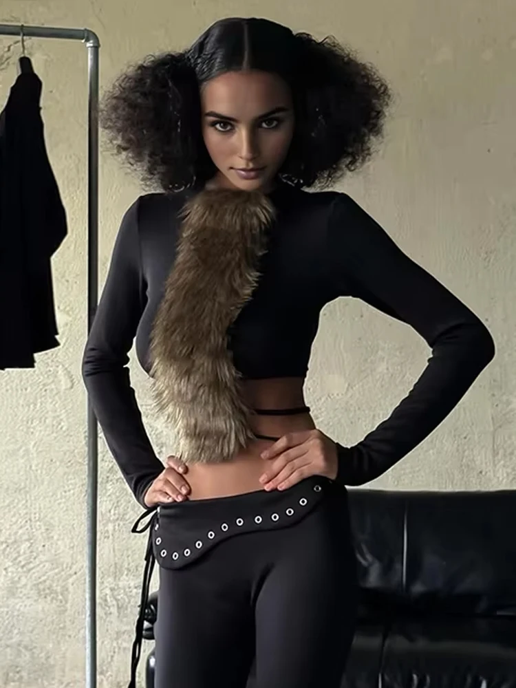 

Weird Puss сексуальный пушистый лоскутный укороченный топ женский на шнуровке без талии Hottie Wild с длинными рукавами стрейч узкая уличная клубная футболка