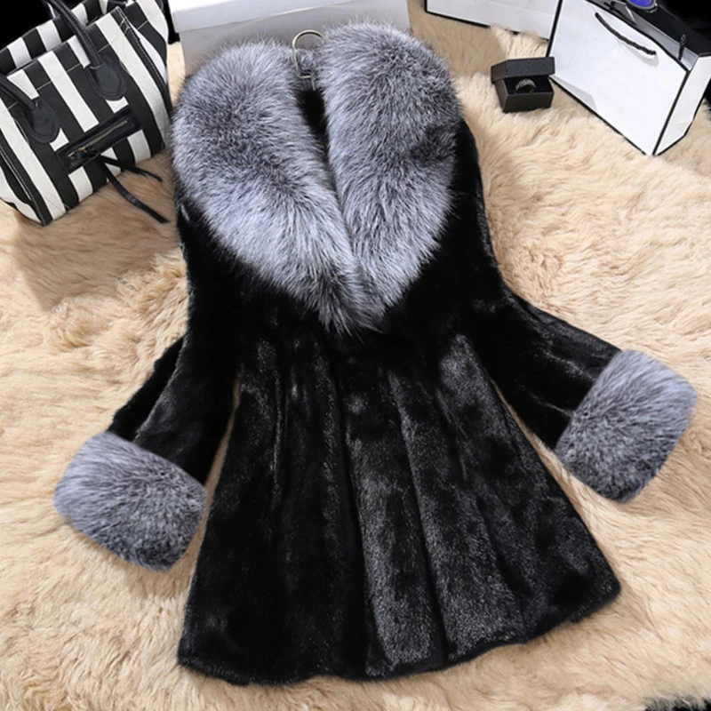 Women's new fox collar long velvet mink coat women's mink fur coat casual warmth