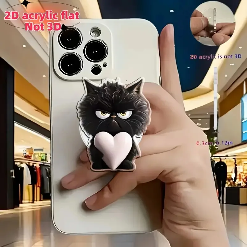 

Портативная подставка для мобильного телефона из плоского акрила в 2D-формате, изображающая серого кота, и 2D-подставка для телефона из акрила с изображением черношерстного кота с сердцем, с телескопической функцией, идеальный подарок на Рождество, годовщ