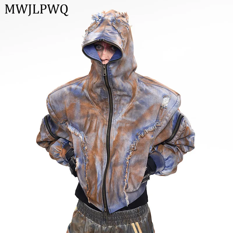 

MWJLPWQ Full Zipper Short Hooded Denim Jacket Men Street Mud-dyed Frayed Edge Design Three-dimensional Pockets Men's Tops 11302