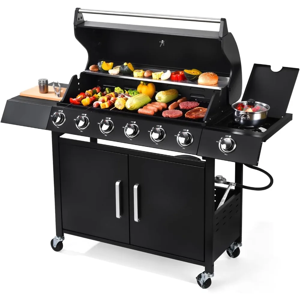 

Q032-6-Burner w/Side Burner Gas Grill with 403 SQ.IN. Outdoor Grill with 60,000 BTU,Propane Grills with Top Cover Lid,Grills Out