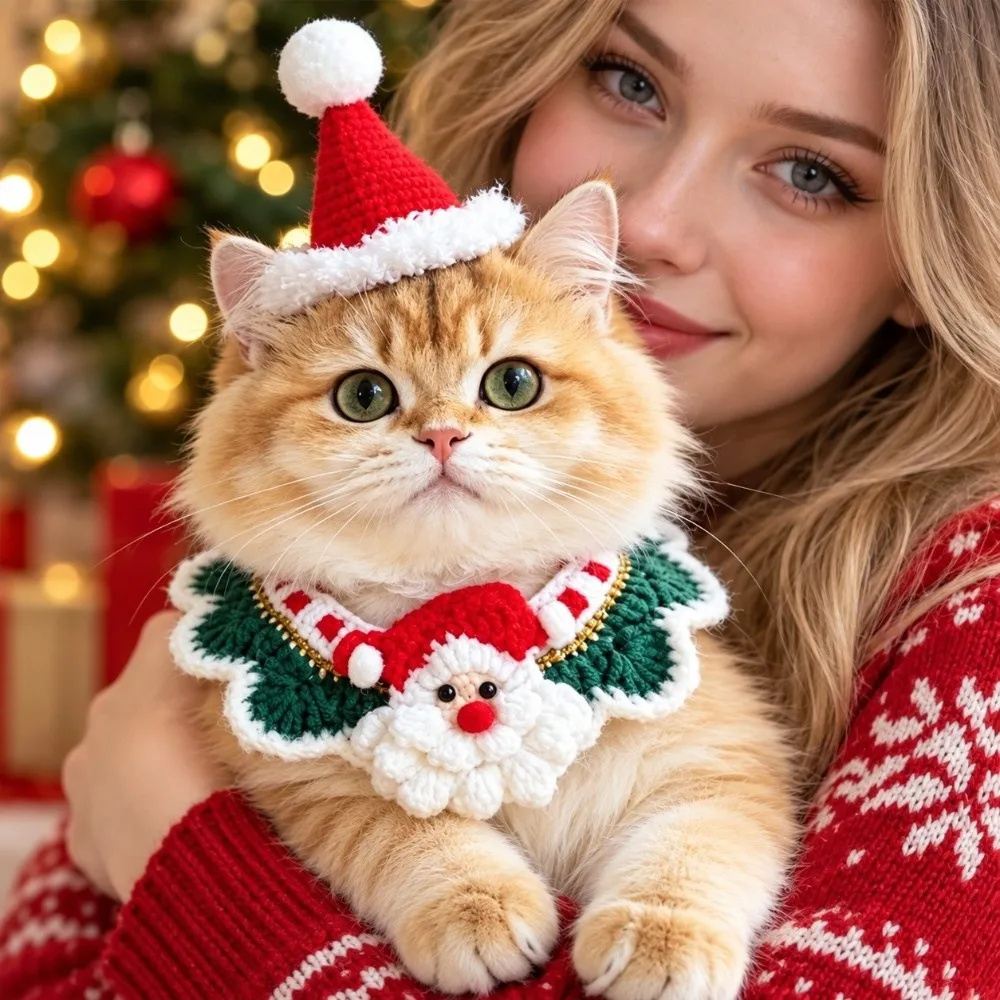 Yarn Christmas Pet Neckwear Red Bowknot Jingle Bell Cat Santa Hat Handmade Style Vibrant Color Dog Knitted Collar Pet Owners