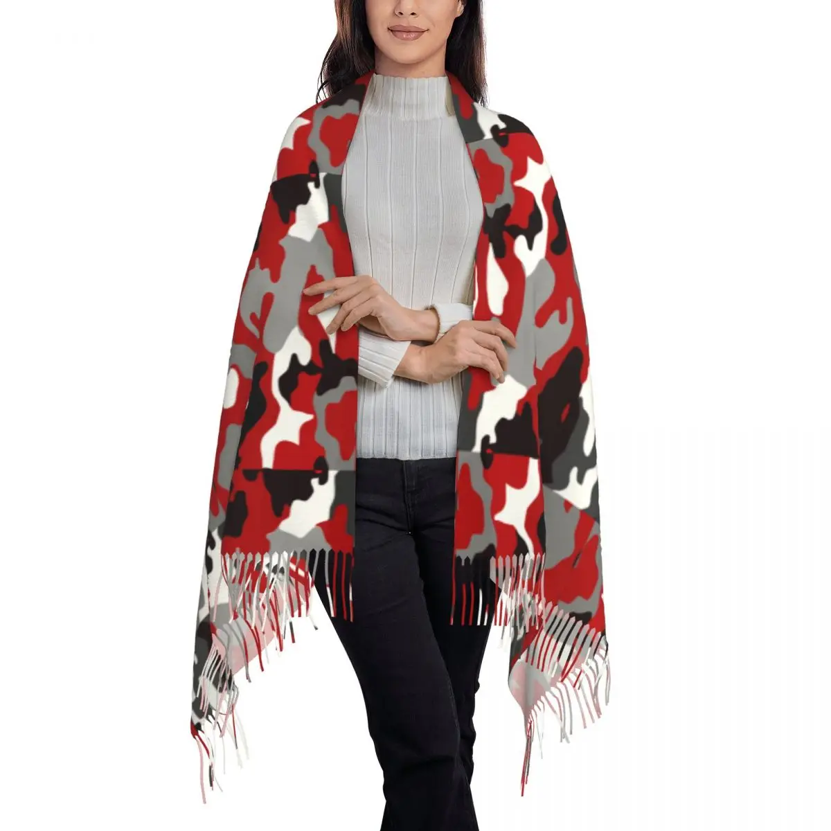 レッド迷彩スカーフラップ女性ロング冬秋暖かいタッセルショールユニセックス陸軍軍事迷彩スカーフ