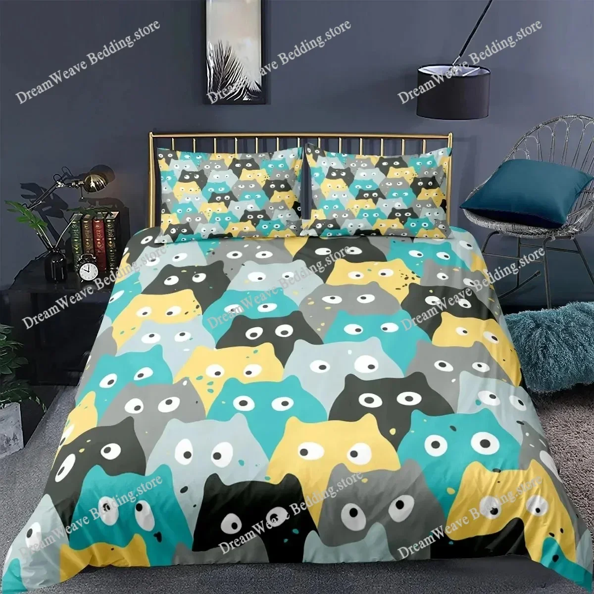 Cat Duvet Cover Polyester Pattern with Hipster Playful Feline Characters, Decorative Twin Bedding Set WithPillow ShamFQH