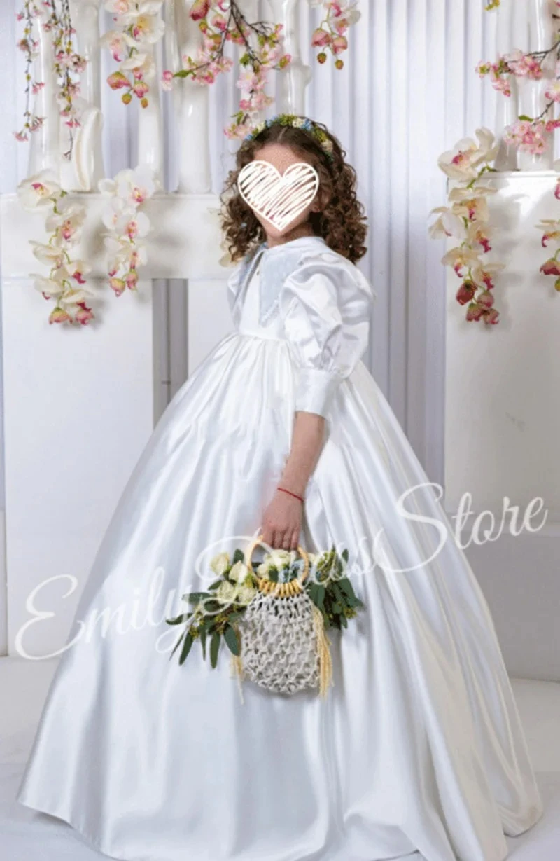 Customized Champagne Flower Girl Dress For Wedding Doll Collar Puffy High Waist Kids Birthday Party First Communion Ball Gown