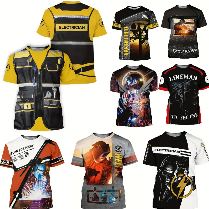 Uniforme de electricista para hombre, 3D Camiseta con estampado, traje de trabajo de soldador eléctrico, informal, talla grande, Unisex, ropa de