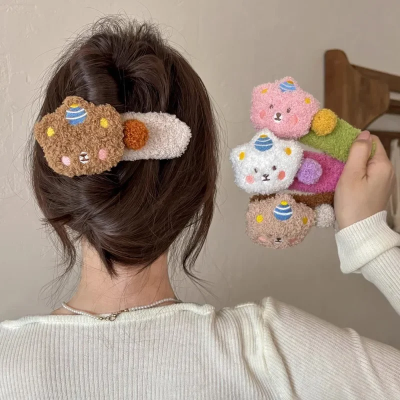 4 قطعة مشبك منقار البط الملونة الكورية نمط الدببة الضخمة مشبك شعر للنساء موضة منقار البط كليب الحلو لطيف فتاة الجانب دبوس الشعر
