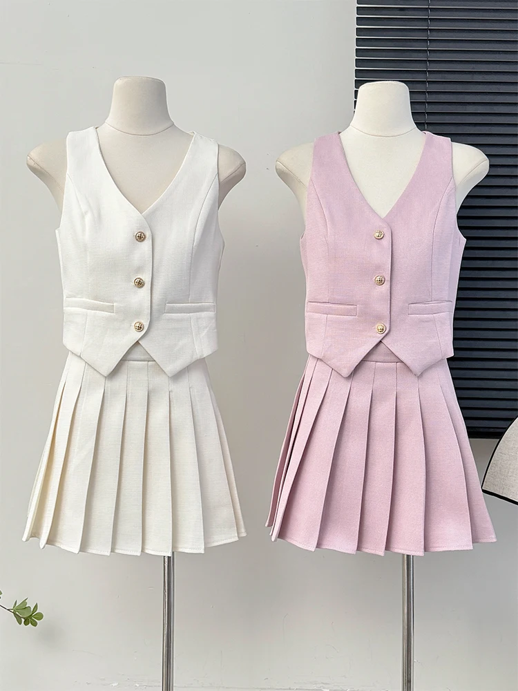 

Korean style Spring Summer Fashion 2 Piece Sets Women V Neck Short Vest Tank Top&High Waist Pleated Mini Skirt Chic 2pc Suits