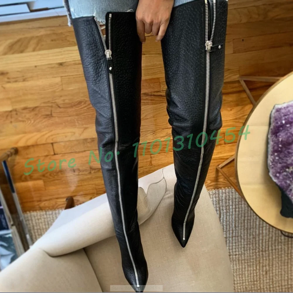 Front Zip Over Knee High Boots Women Winter Hot Leather High Heels Ladies Shoes Patchwork New In Streetwear Black Knight Boots