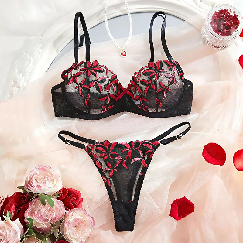 

Women Sexy Lingerie Sheer Mesh Underwear Floral Embroidery Erotic Set Transparent Lingerie Summer Intimate Ultra Thin Bra Set