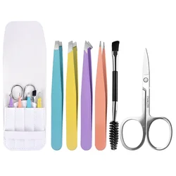 Precision Tweezer for Eyebrows with Curved Scissors  Eyebrow Tweezer Set 6 Pcs Plucking Daily Beauty Tools with Leather Case