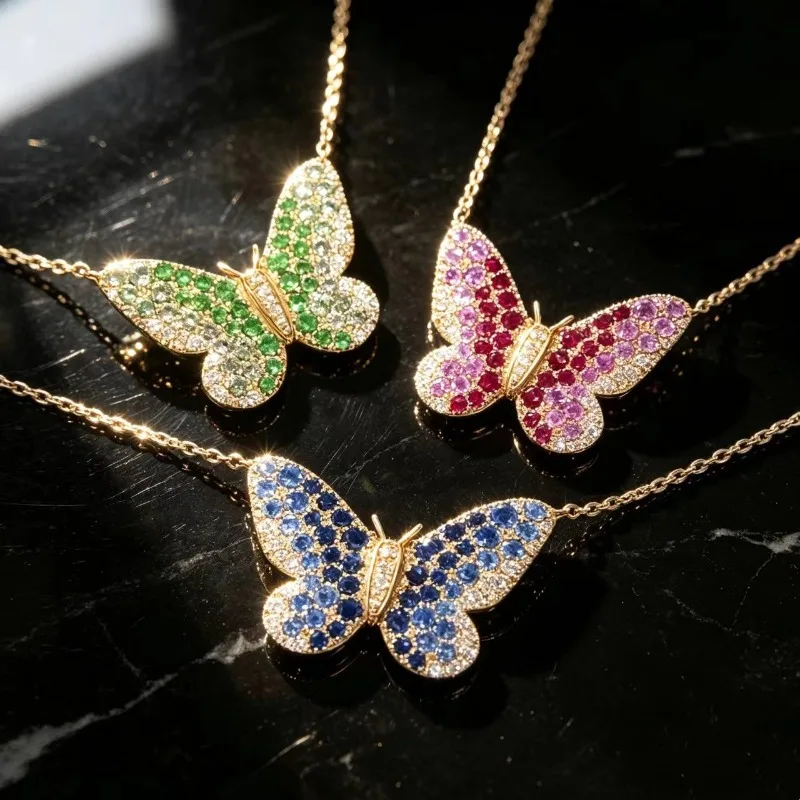 Vintage Multi-color Butterfly Inlaid Zircon Pendant Necklace Women's Clothing Accessories Fashionable Personality Jewelry