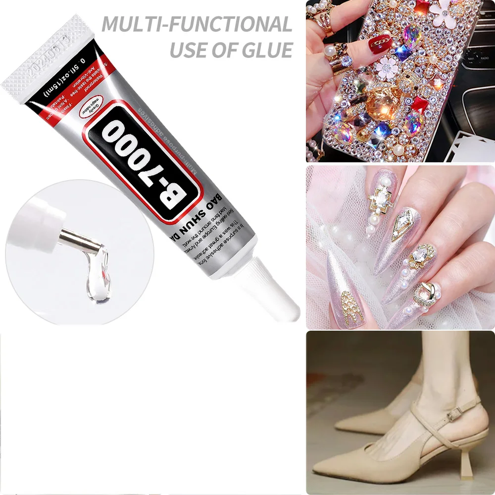 B-7000 Super Strong Nail Glue 15g Clear Adhesive Glue 1/5/10PC Rhinestone/Diamond/ Glass/Plastic/Phone Repair Glue B7000 (0.5oz)