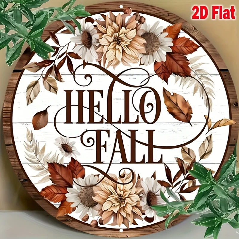 Hello Fall Round Metal Wreath Sign, Wreath Attachment, Sign For Wreaths, Fall Sign Decorative Sign Plaque