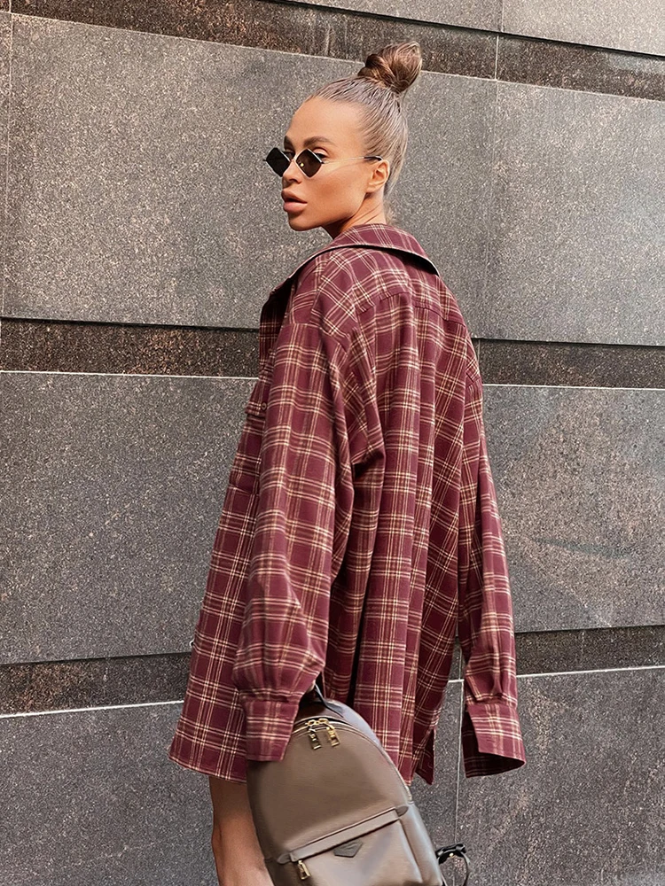 2022 Autumn Winter Women Casual Oversized Plaid Shirt Long Sleeve Ladies Tops Loose Fit Long Blouse For Woman