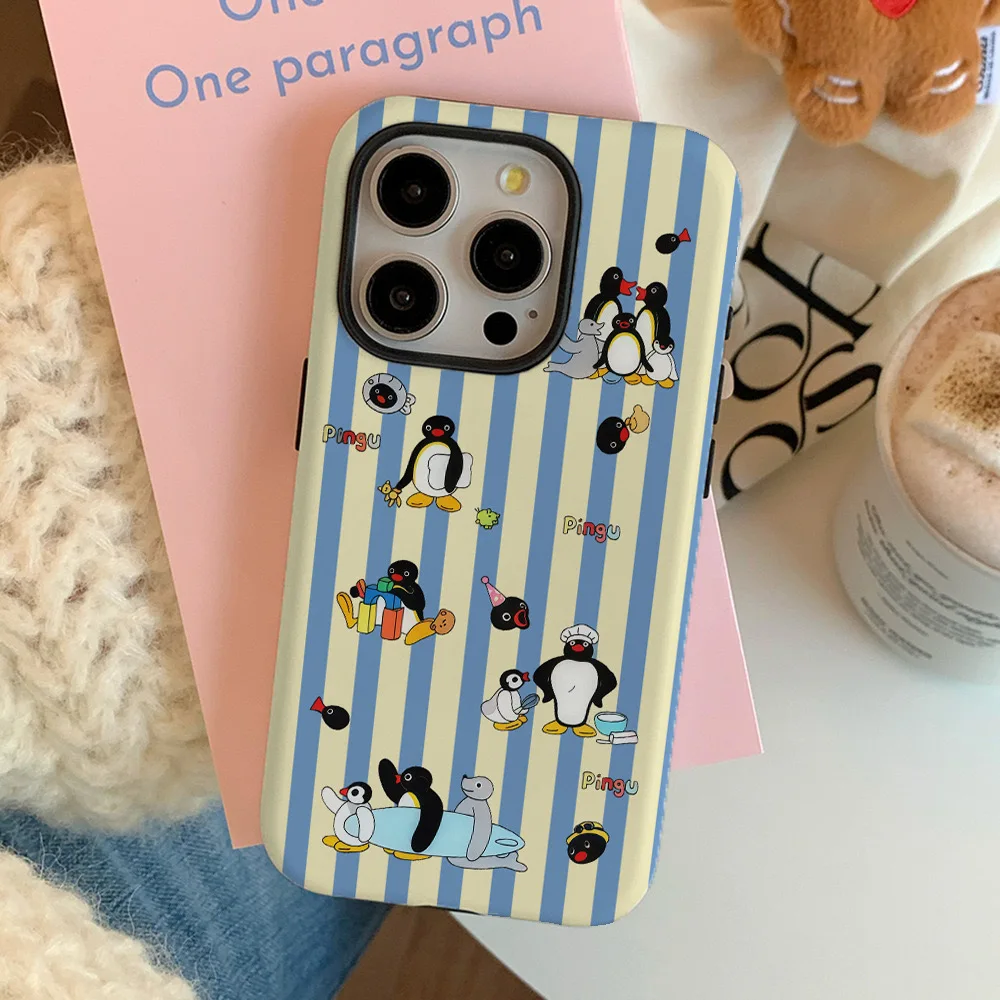 Blue and Yellow Striped Penguin Art Phone Case for IPHONE 16 15PRO MAX 14 13 12 11 Acrylic TPU Two in One Magnetic Phone Cases