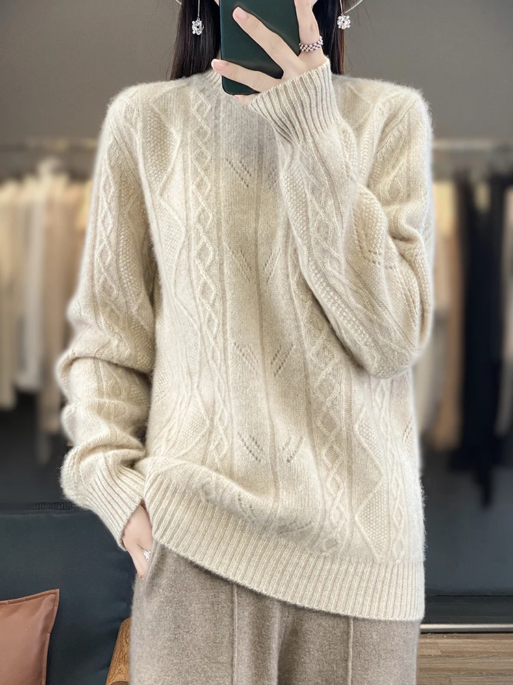 Devin Women Winter Sweater Twist Flower Mock Neck Pullover 100% Merino Wool Hollow Soft Cashmere Knitwear Korean Fashion Tops