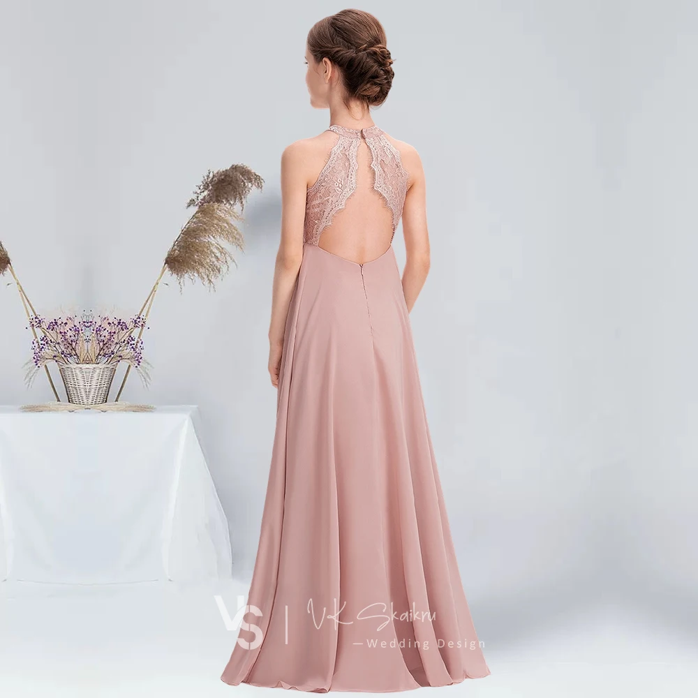 A-line Halter Floor-Length Chiffon Lace Junior Bridesmaid Dresses Dusty Rose Flower Girl Dress Summer Communion Guest Dresses