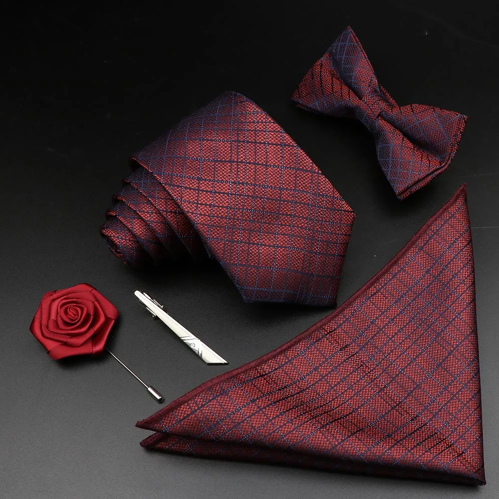 New Solid Color Men Tie Set Polyester Floral Jacquard Woven Necktie Bowtie Suit Vintage Red Blue For Groom Business Wedding Gift