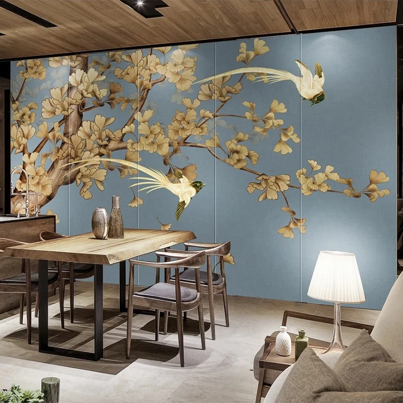 

Custom Photo Wallpaper Chinese Style Hand Painted Retro Ginkgo Leaf Mural Living Room TV Background Wall Decor Papel De Parede