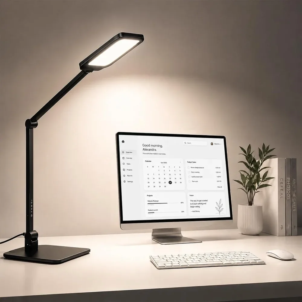 Desk Lamp with Adjustable Arm and Webcam Light for Video Calls, Dimmable 3000K-6500K with Remote, Timer, and Memory