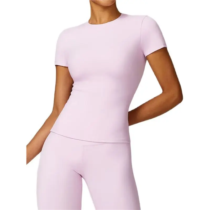 

CYL-Women's Basic T-Shirt Summer Short Sleeve Round Neck Slim Fit Cute Cropped Top Pink L