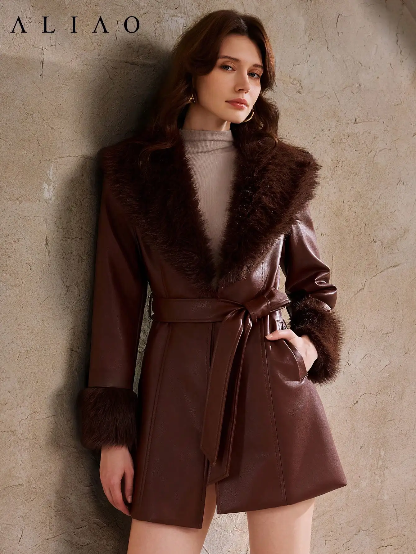 Brown Faux Fur Collar Spliced Leather Coat for Women, Winter Warm Elegant Jacket