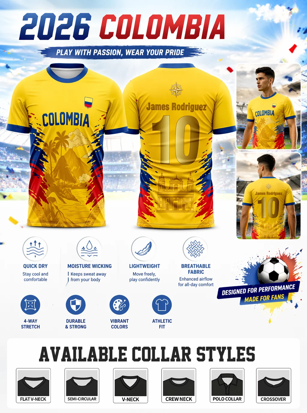 Colombia football jersey, James Rodriguez golden No.10, blue‑red splash side, sweat‑wicking, athletic fit
