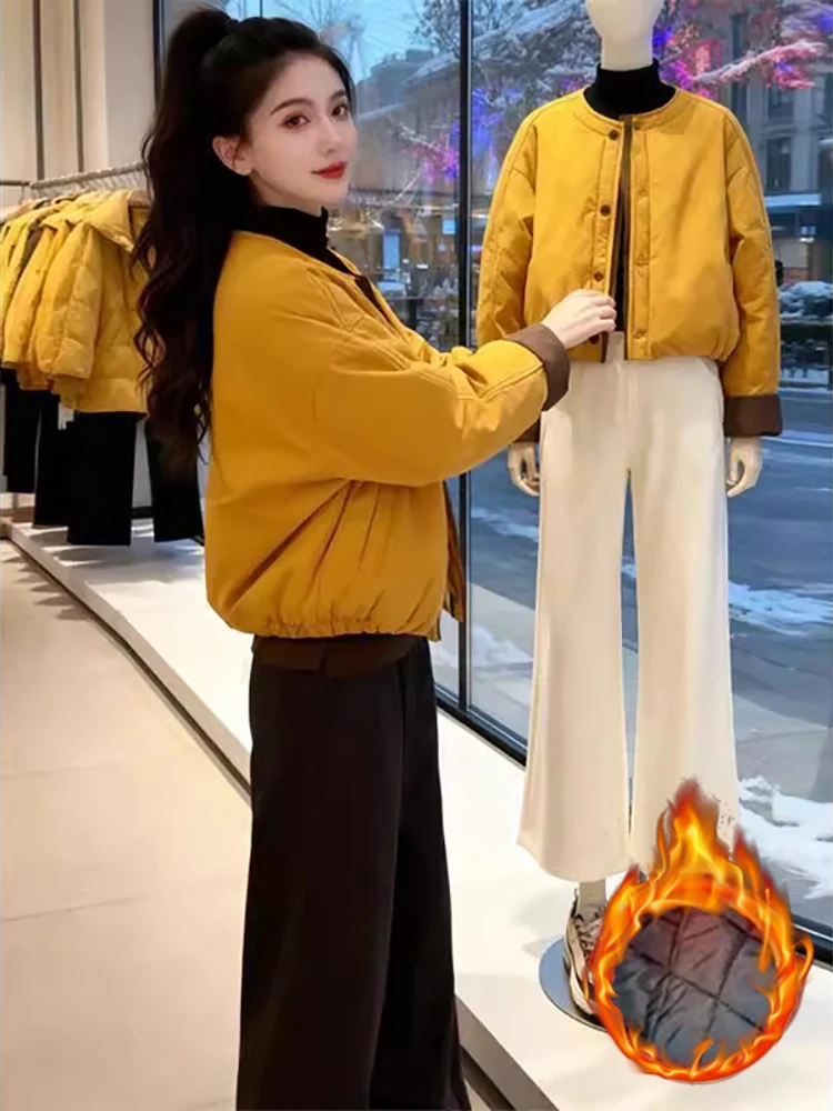 

Женская хлопковая куртка, короткая, легкая, повседневная, свободного кроя, с наполнителем, осенне-зимняя, новый стиль, корейская версия, маленький размер, утепленная, удлиненная