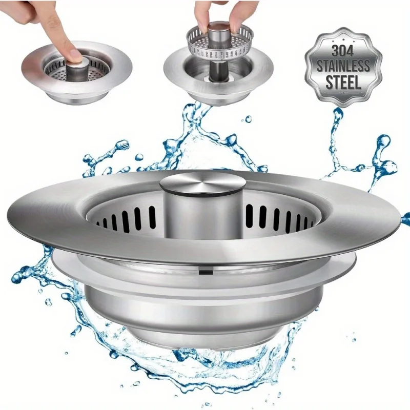 

3-in-1 stainless steel kitchen sink filter, pop-up stopper, anti-clogging food catcher with odor filter, easy to clean sink filt