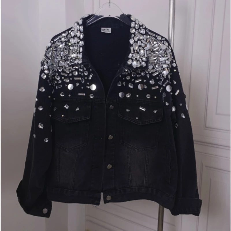 Women Rhinestones Beaded Sequins Black Denim Jacket Spring Autumn Crystal Jean Coat Loose Long Sleeve Streetwear Cowboy Cardigan