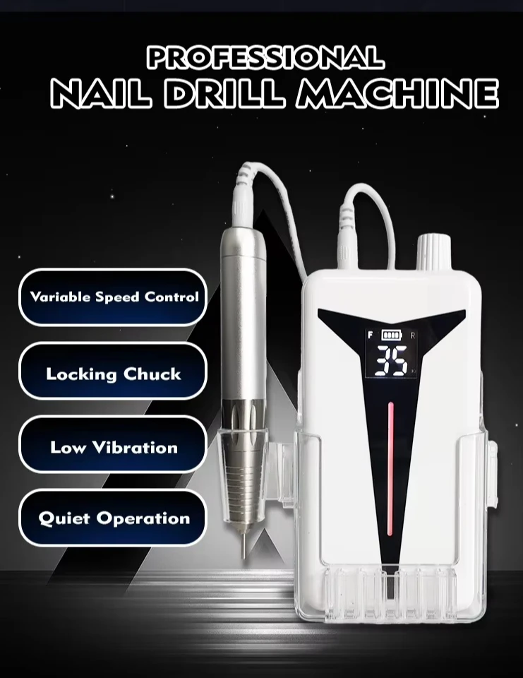 

12 Hours Professional 35000RPM Portable Rechargeable Cordless Electric Nail Drill Machine With Charging Base