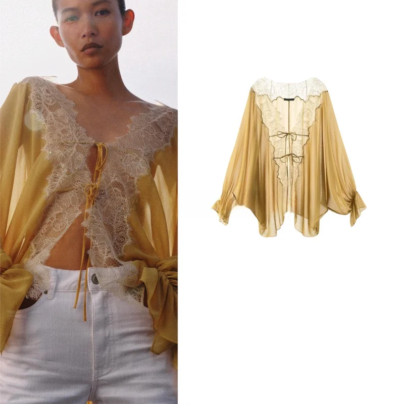 Sexy Style Long Sleeve Lace Patchwork Asymmetrical Hem Shirt Spring Summer New Arrival Women's Loose Fit V-Neck Polyester Fiber