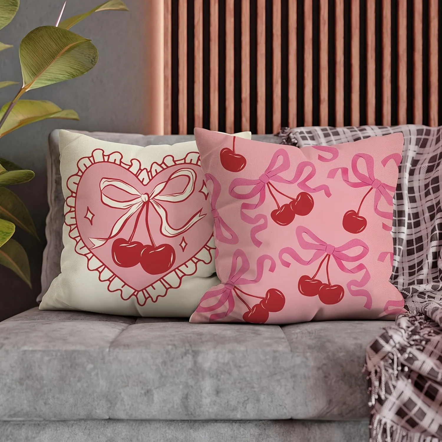 4pcs, Pink Coquette Bow Decoration Throw Pillowcase, Preppy Style Bonjour Cherry Love Cake Porch Patio Outdoor Pillowcase