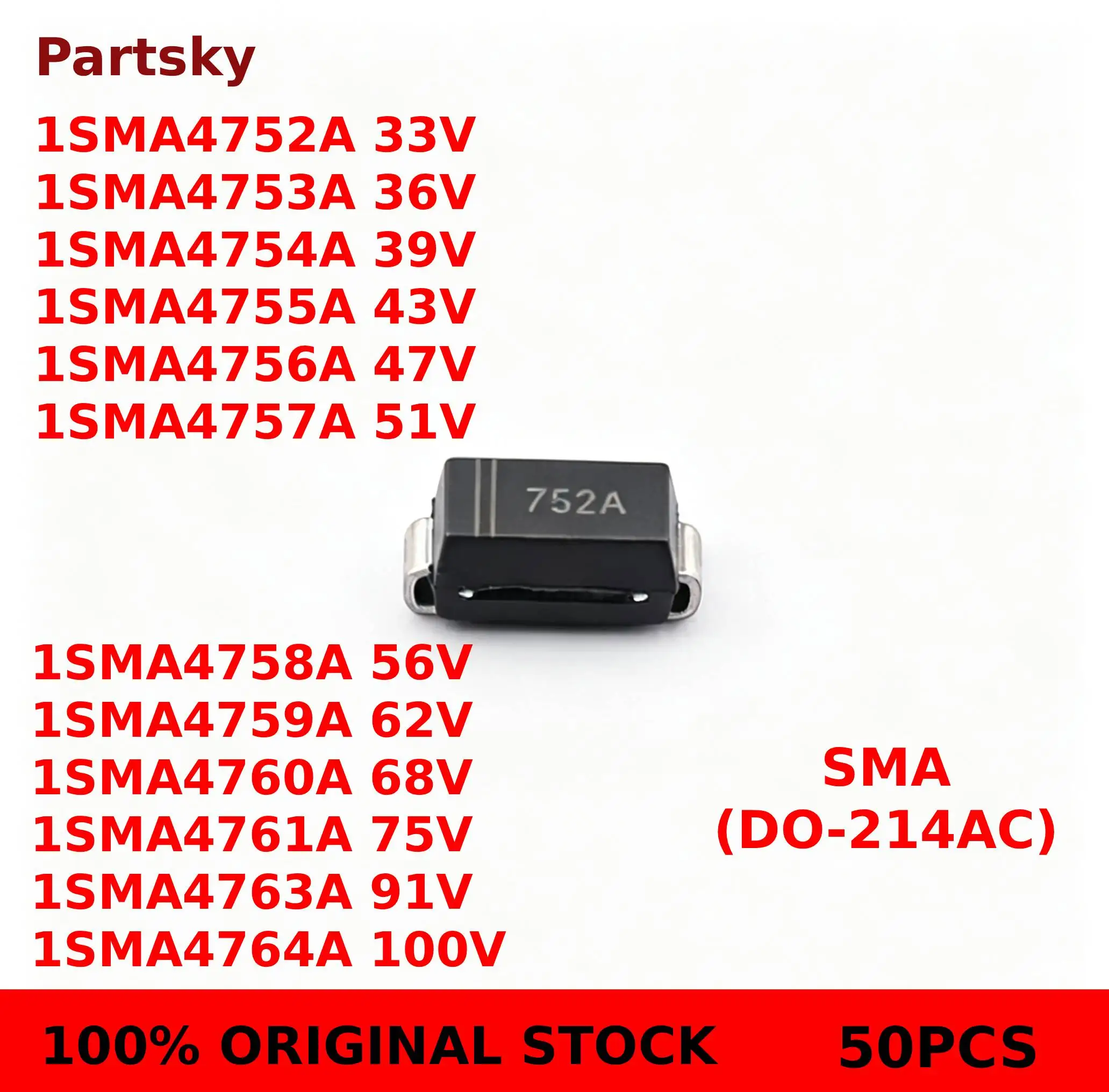 50PCS New 1SMA47 1W SMD Zener Diode 33V 36V 39V 43V 47V 51V 56V 62V 68V 75V 91V 100V SMA Series DO-214AC NEW STOCK