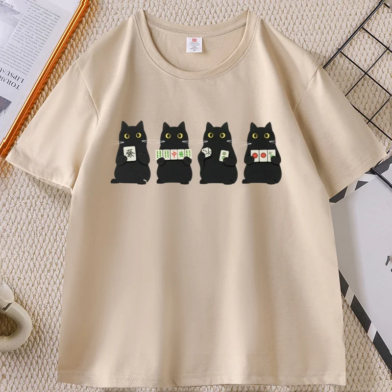 Mahjong Black Cat T Shirt Funny Board Game TShirt Game Night Gift for Men Women O Neck Short Sleeve Tops Summer Unisex Clothes