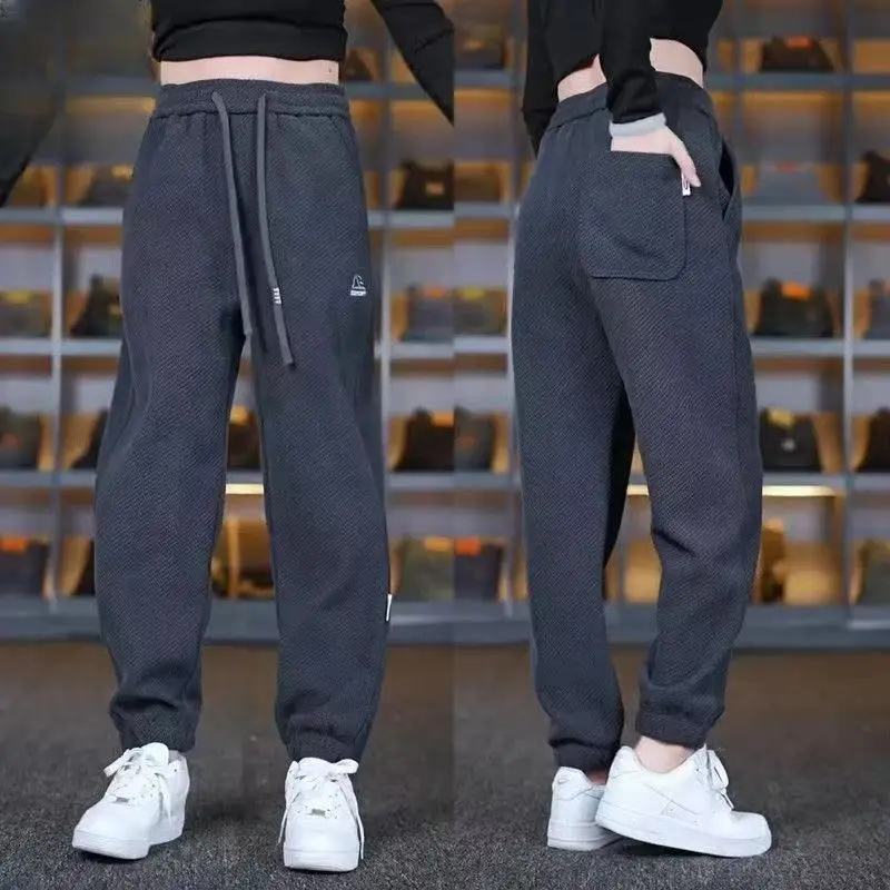 Deep Grey Casual Knitted Loose Trousers Women's Autumn Winter Elastic New Style Harlan Pants Cuffed Long Trousers