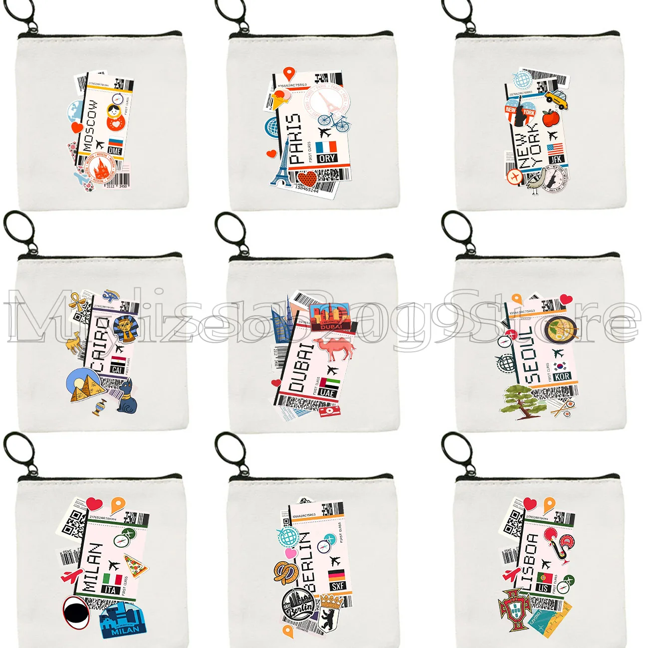 

New York Paris London Dubai Moscow Cairo Berlin Tokyo Seoul Air Plane Ticket Boarding Pass Canvas Coin Purse Key Case Bag Pouch