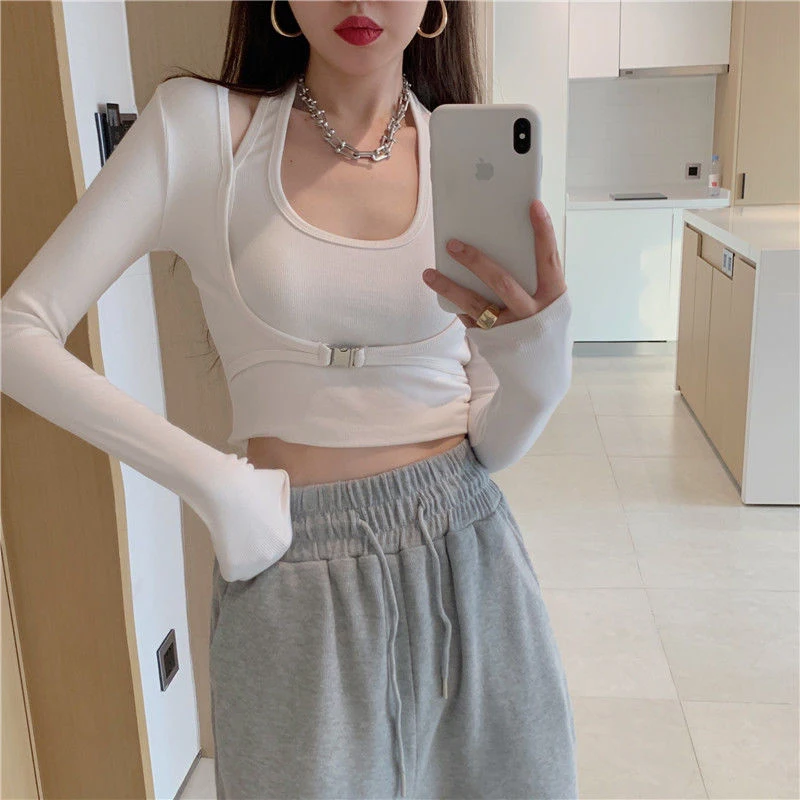 Halter Neck Fake Two Piece Long Sleeve Women T Shirts Fashion Sexy All-match Slim Fit Crop Top Sports Dating Daily Wear White
