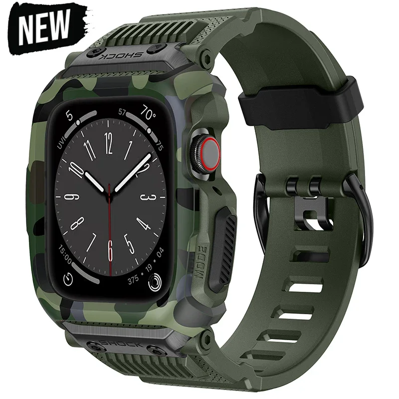 Army Camouflage Sport Case for Apple Watch Band 45mm 44mm 42mm Waterproof Drop-Resistant Integrated Strap Iwatch 9 8 7 SE 6 5 4