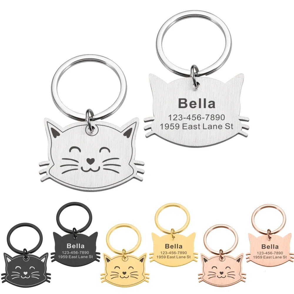 Personalized Pet ID Tags Cute Cat Face Collar Accessories Name Tags ID Collar Pendant Customized Free Engraved Anti-lost Tag